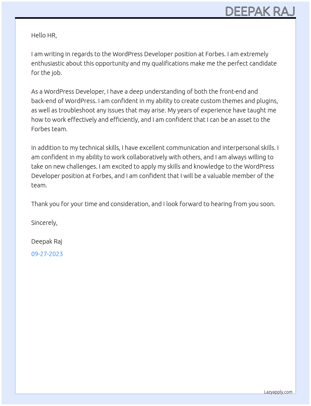 wordpress developer At forbes Cover Letter