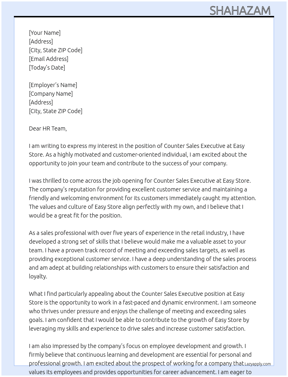 Counter sales executive At Easy store Cover Letter