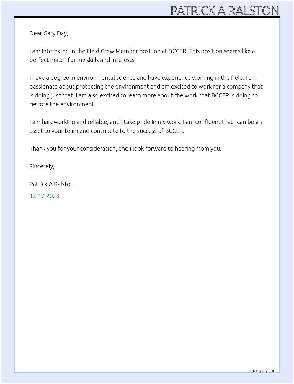 Field Crew Member At BCCER Cover Letter
