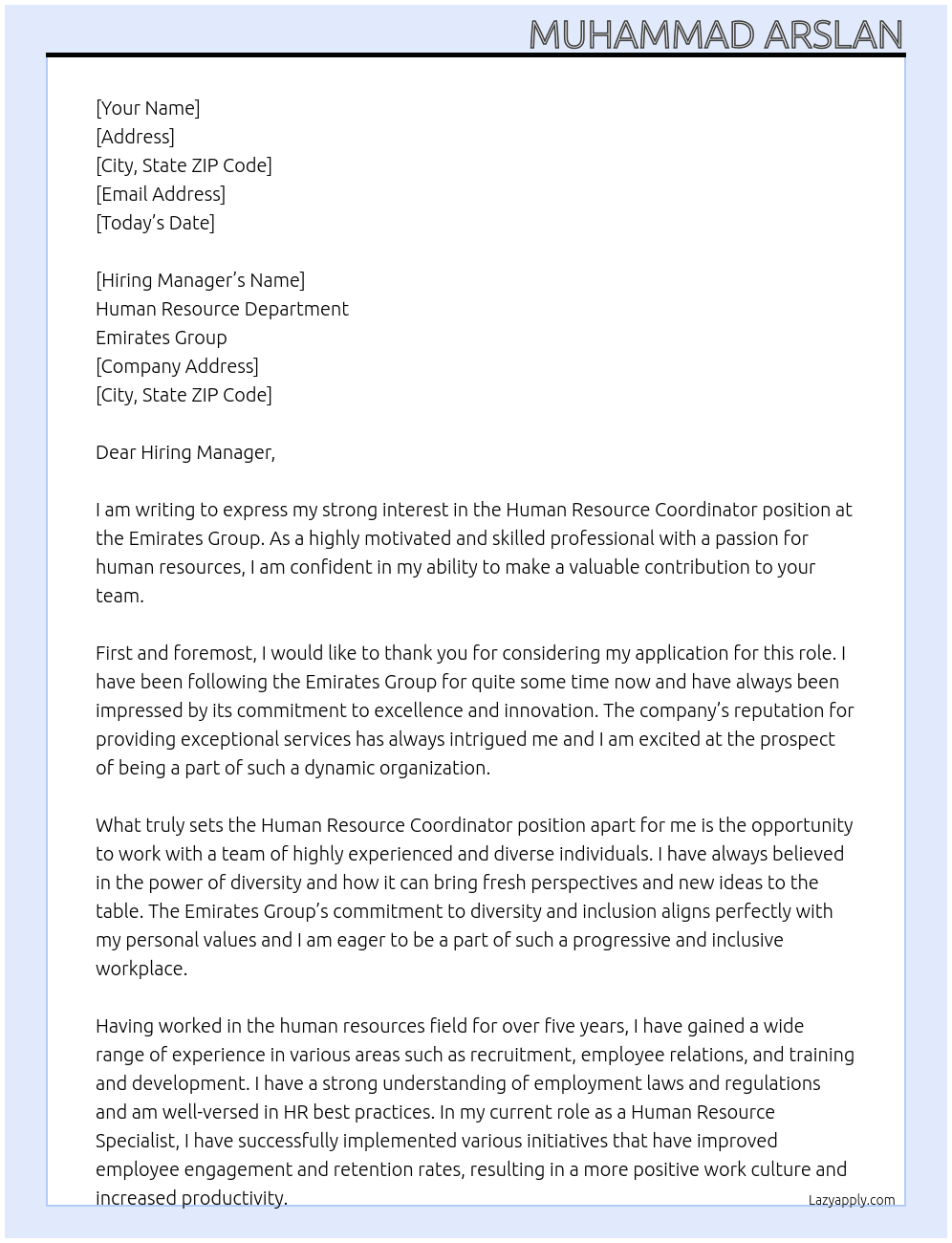 Human Resource Coordinator  At Emirates Group  Cover Letter