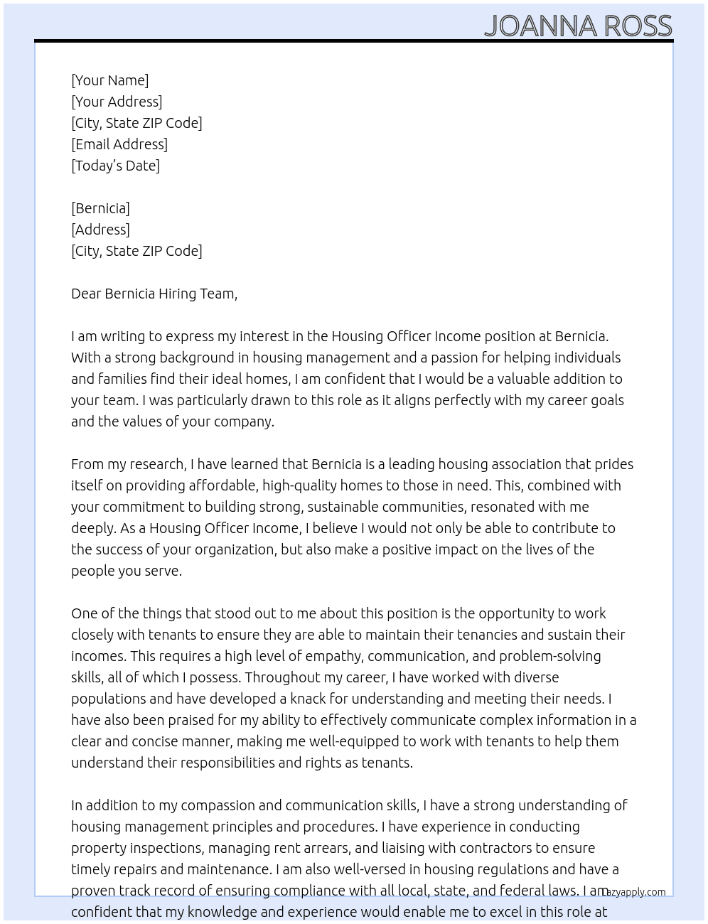Housing officer income At Bernicia Cover Letter