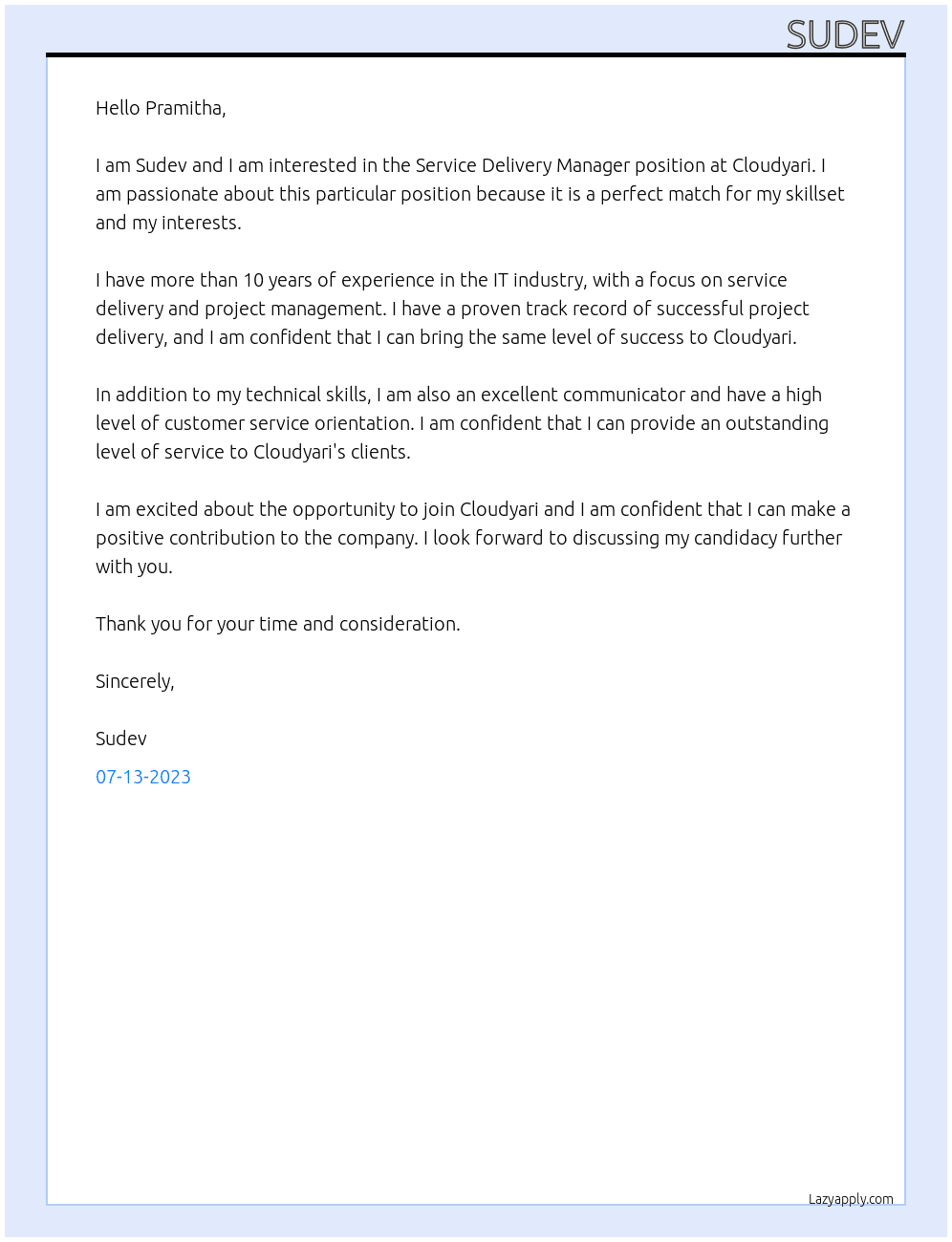 Service Delivery Manager At Cloudyari Cover Letter