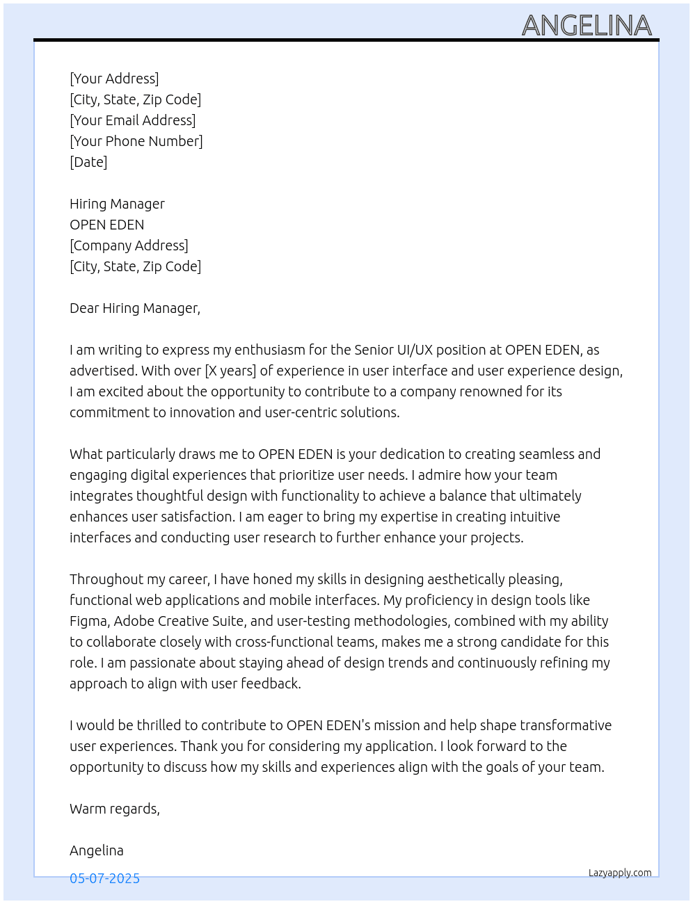Senior UI/UX  At OPEN EDEN Cover Letter