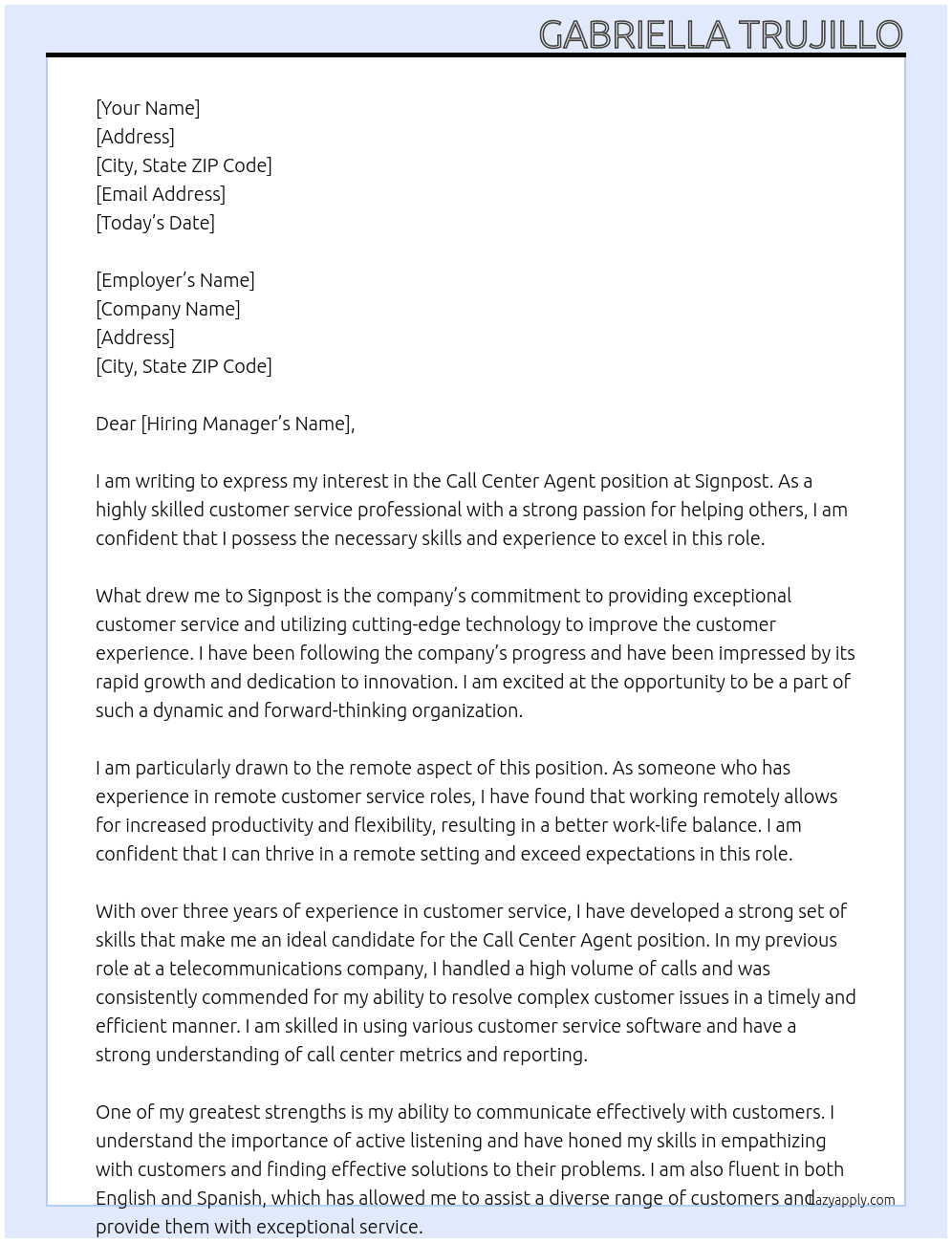 Call center agent  At Signpost  Cover Letter