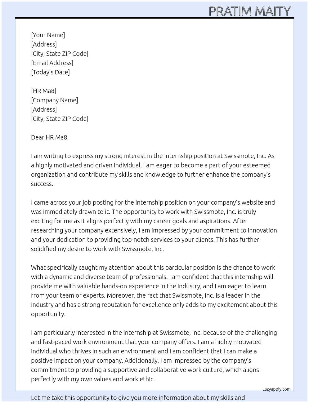 Intrested intership in our Swissmote,inc company  At Swissmote , inc company  Cover Letter