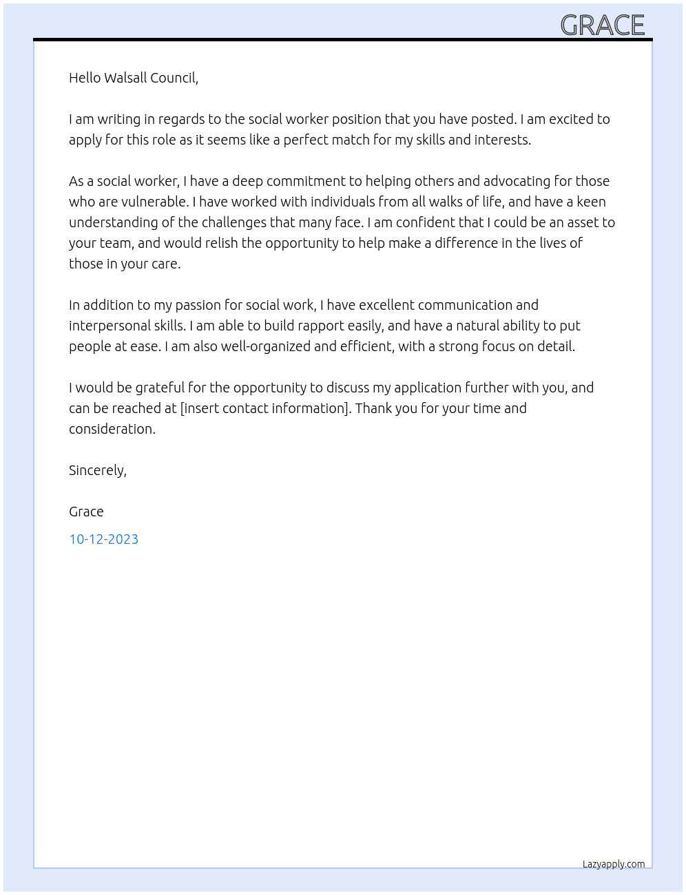Social worker At Walsall Council Cover Letter