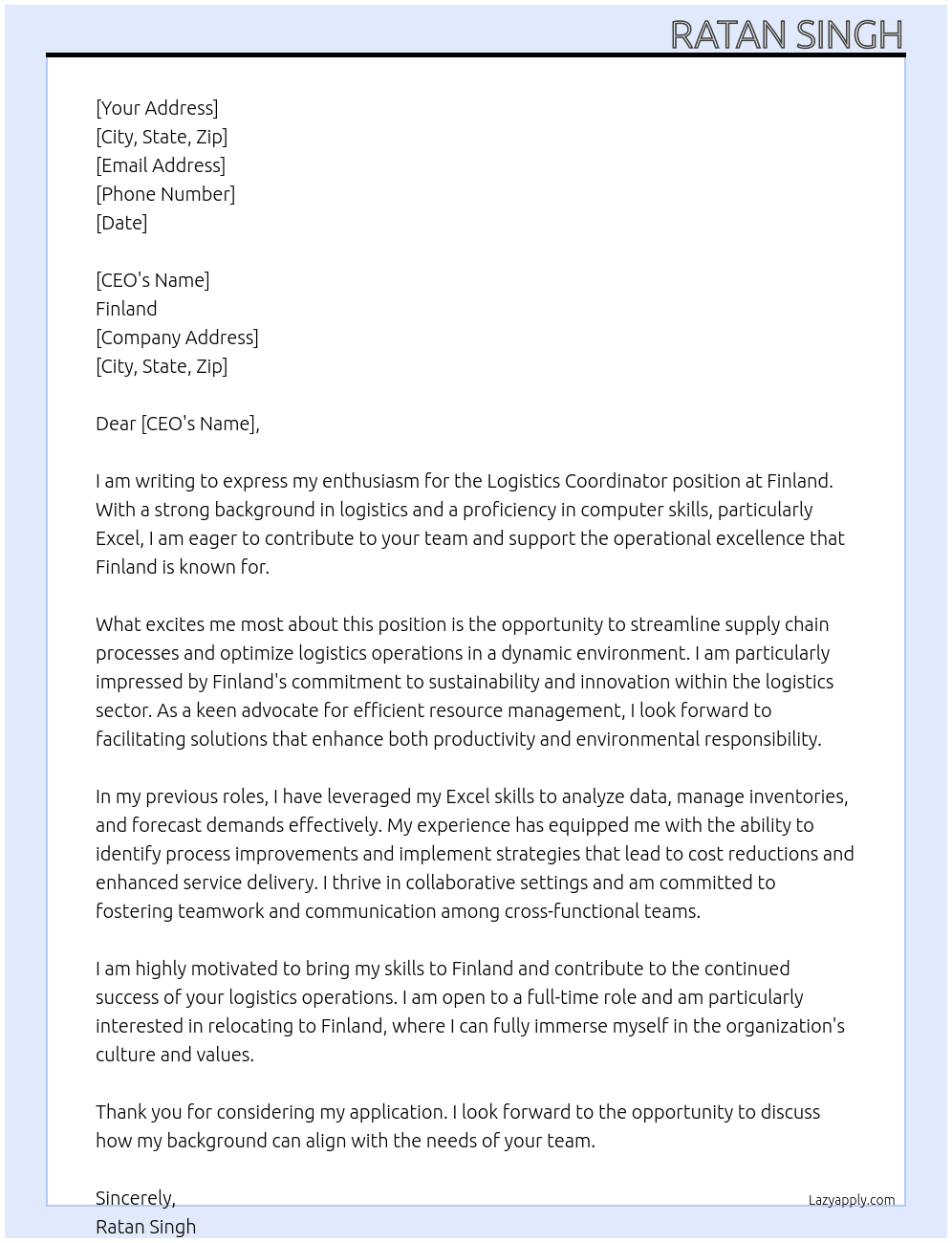 Logistics coordinator  At Finland Cover Letter