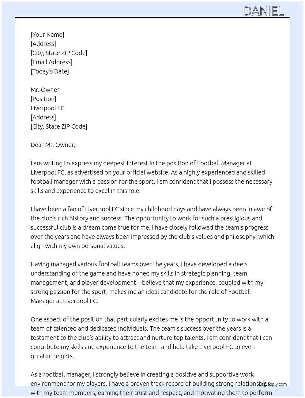 football manager At liverpool fc Cover Letter