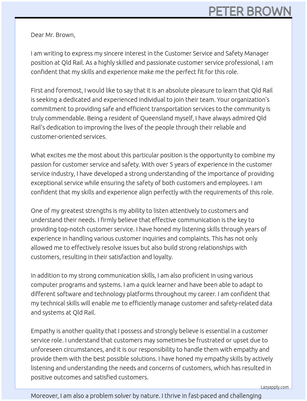 Customer service and Safety manager At Qld Rail Cover Letter
