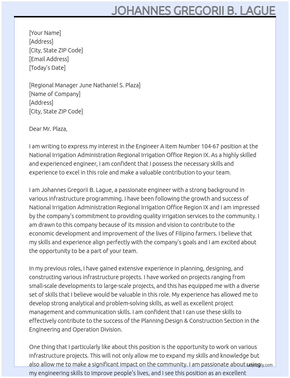 Engineer A Item Number 104-67 At National Irrigation Administration Regional Irrigation Office Region IX Cover Letter