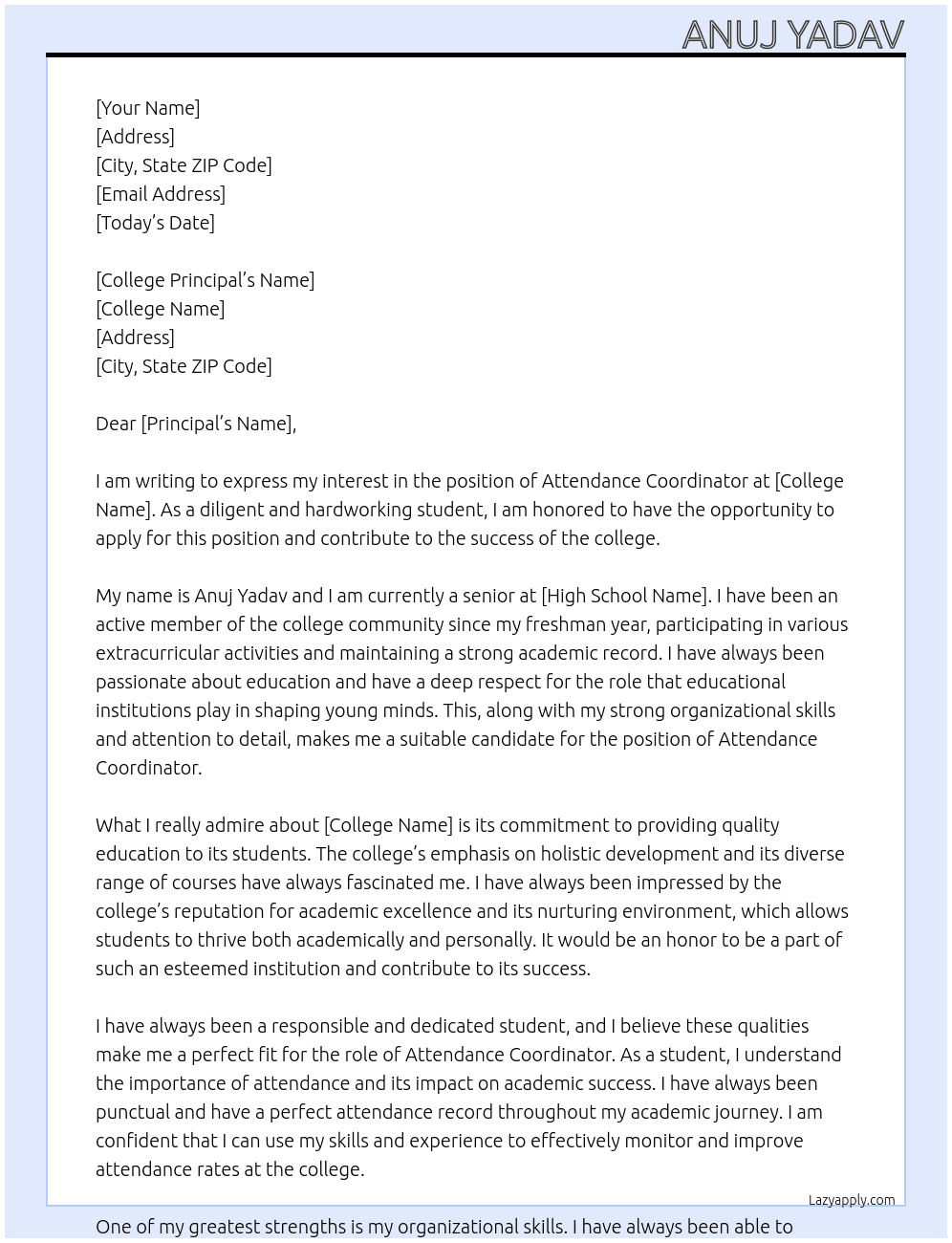 Attendance shortage for exam At College principal  Cover Letter