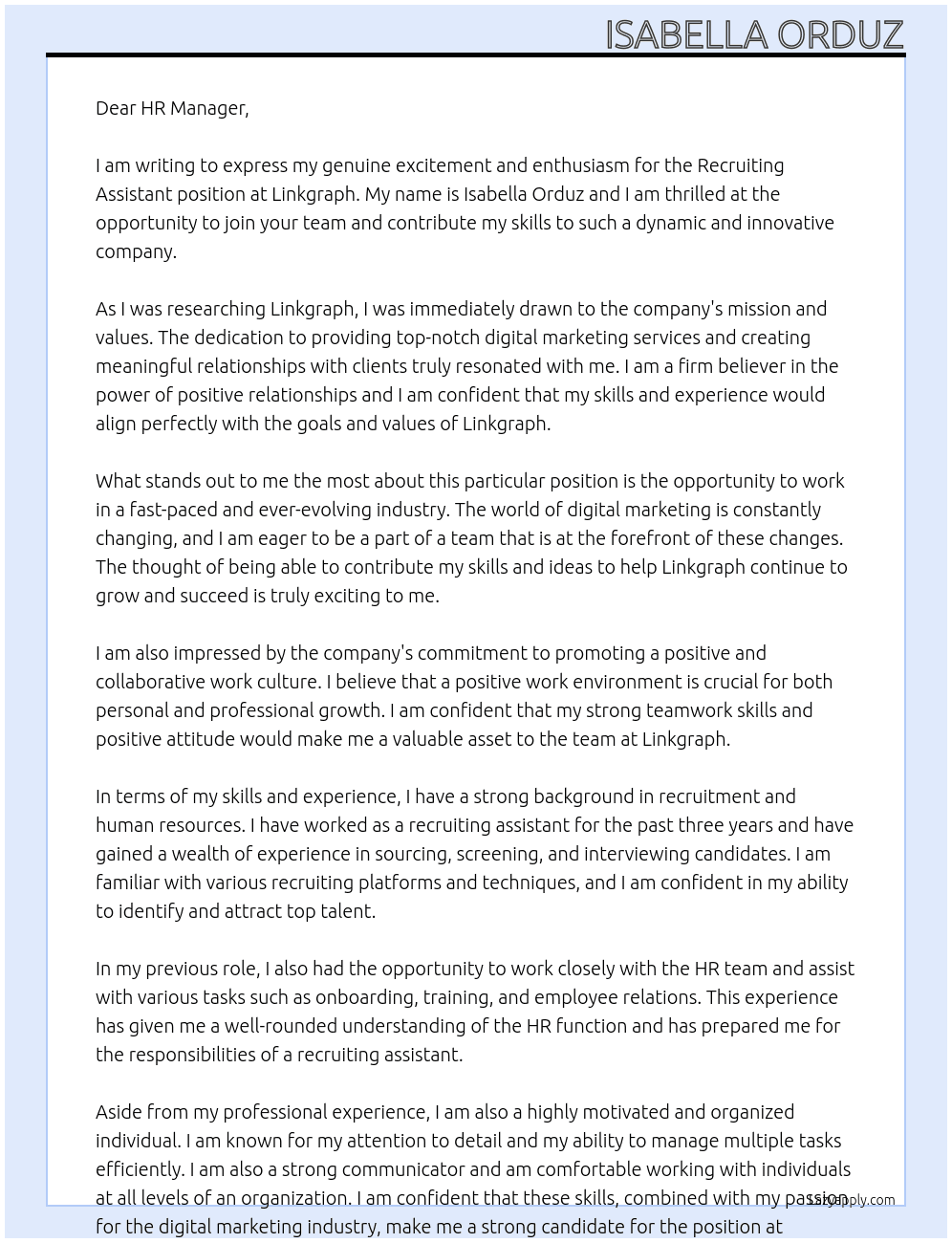 recruiting assistant At Linkgraph Cover Letter