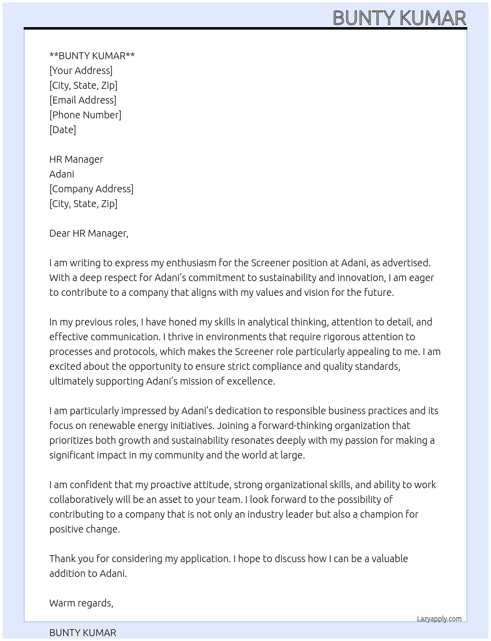 Cover letter for screener - LazyApply