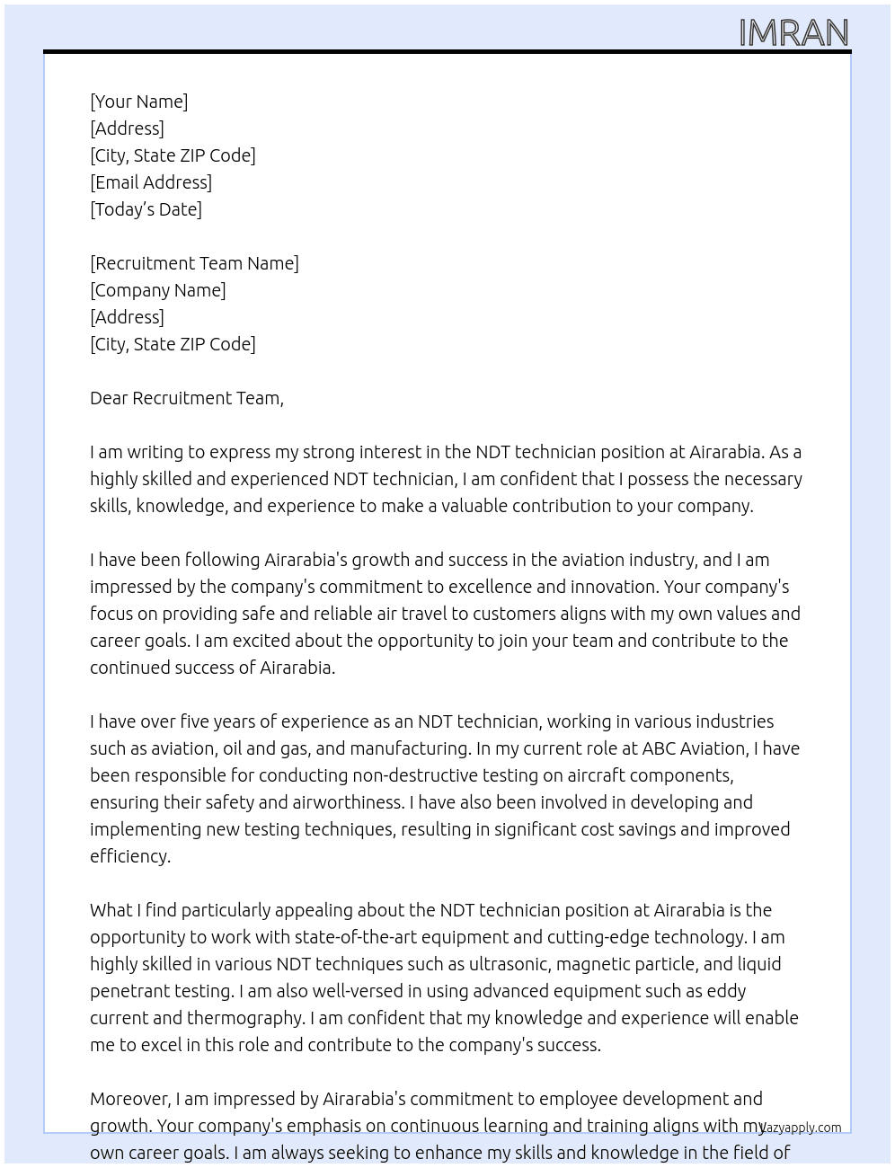 NDT technician At airaribia Cover Letter