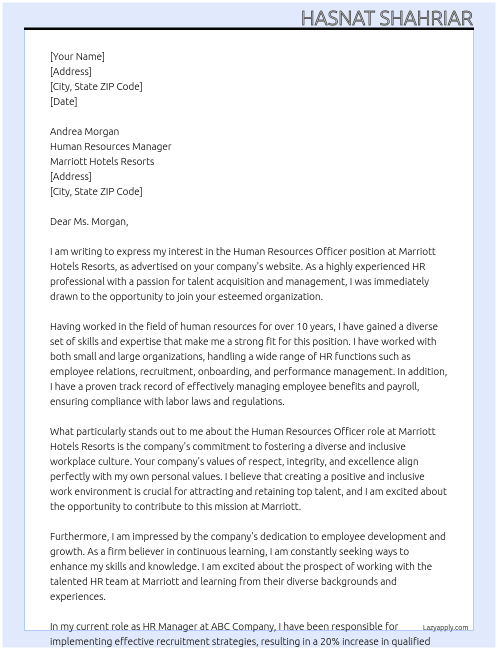 Human Resources Officer At Marriott Hotels Resorts Cover Letter