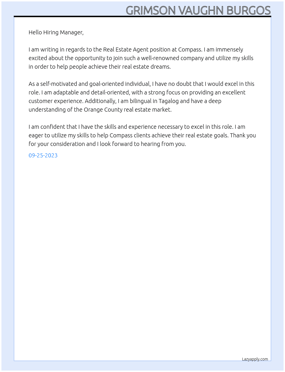 Real estate agent At Compass Cover Letter