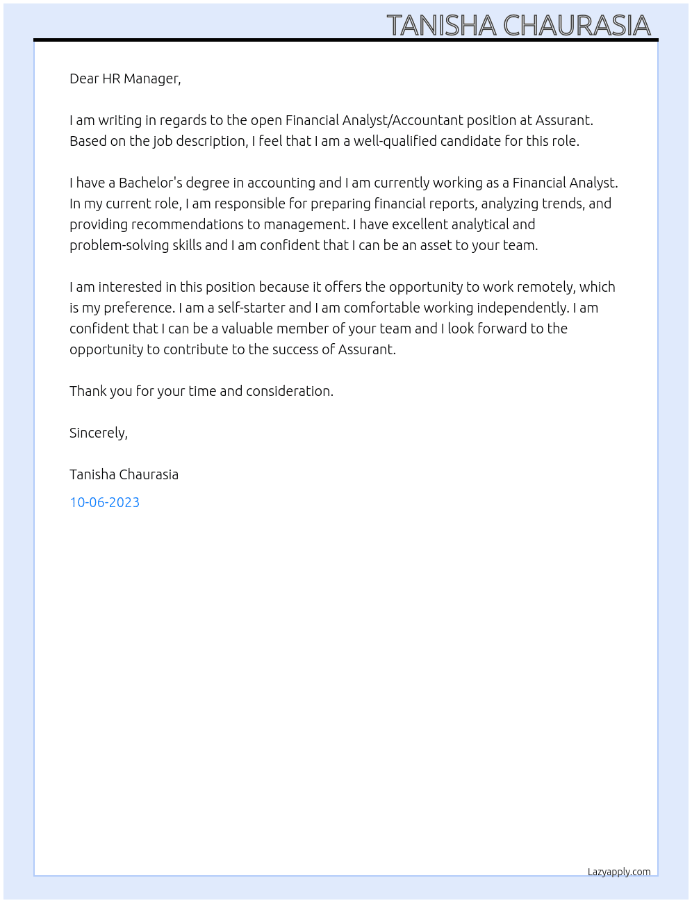 Financial Analyst/Accountant  At Assurant Cover Letter
