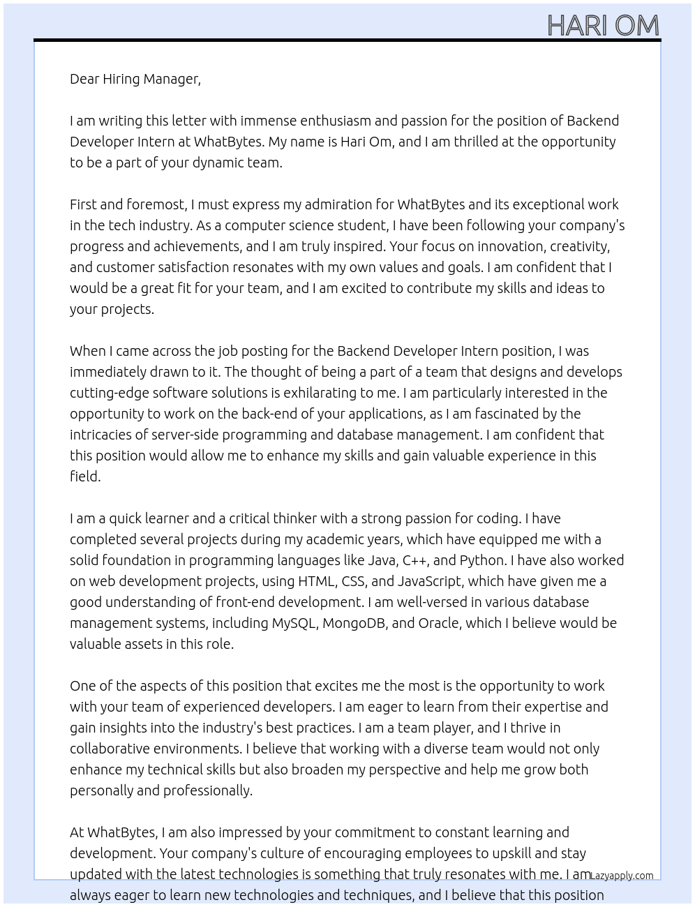 Backend Developer Intern At WhatBytes Cover Letter