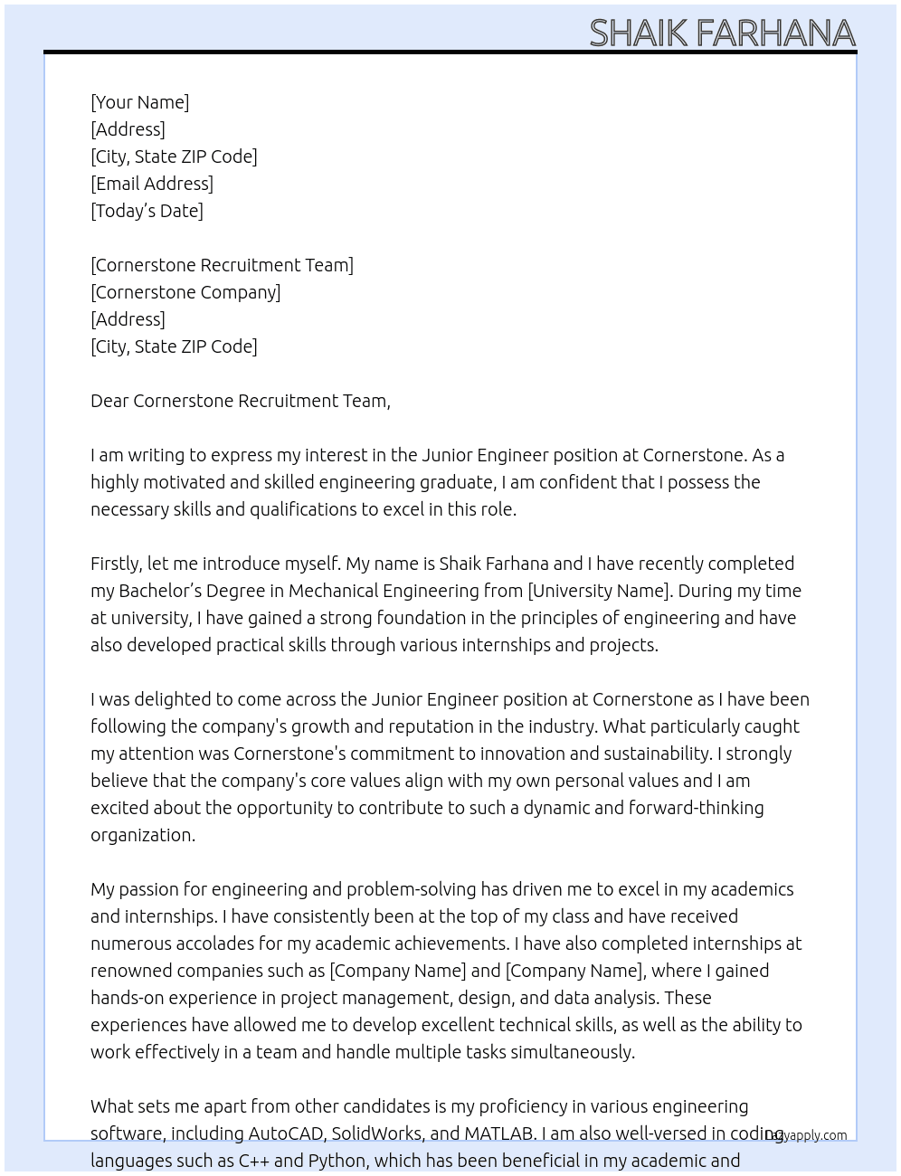 Junior Engineer At Cornerstone Cover Letter