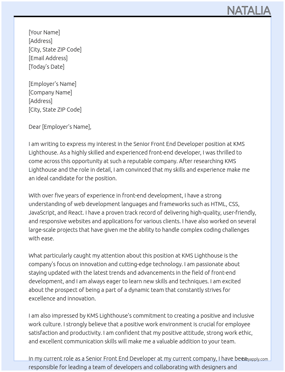 Senior Front End Developer At KMS Lighthouse Cover Letter