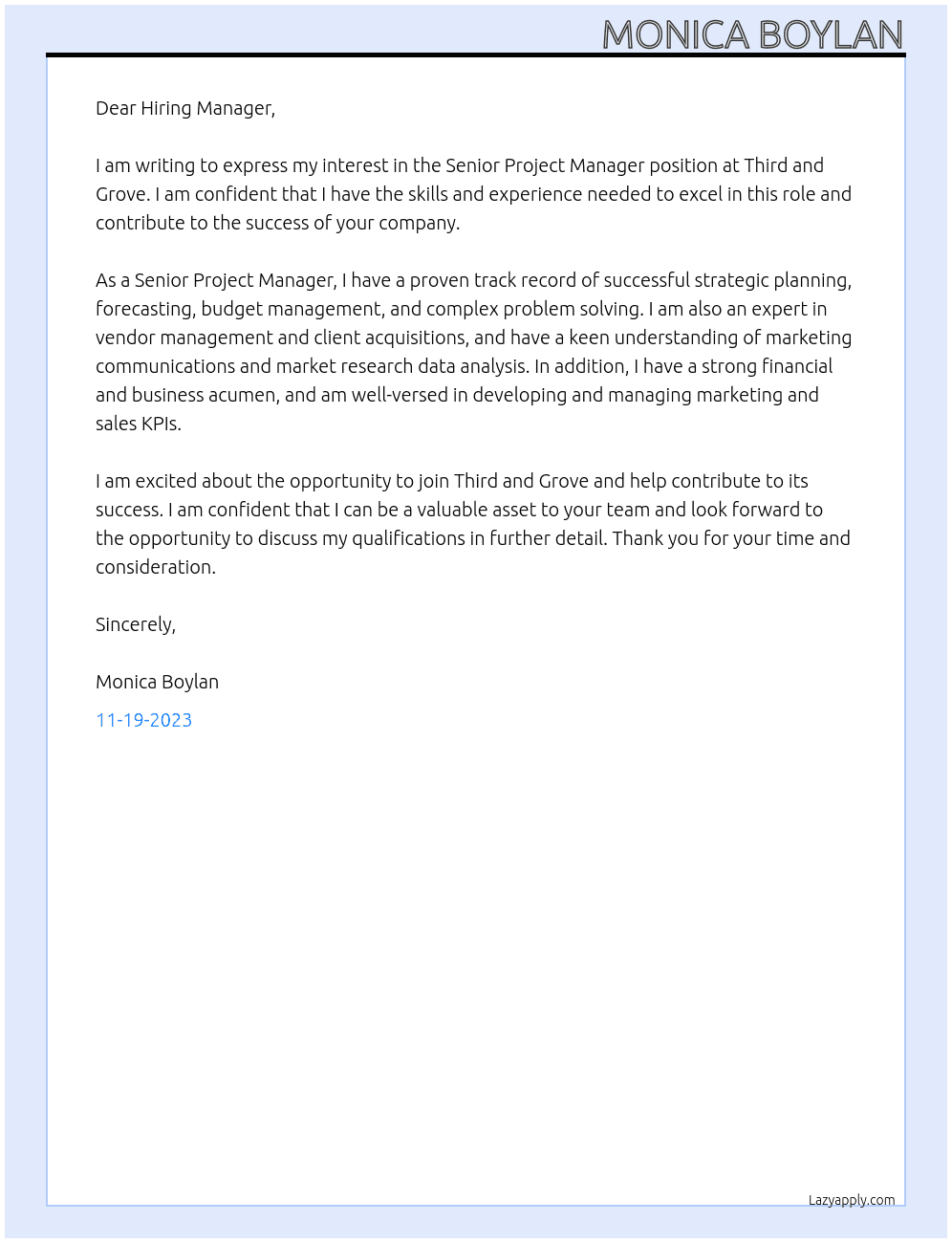 Senior Project Manager At Third and Grove Cover Letter