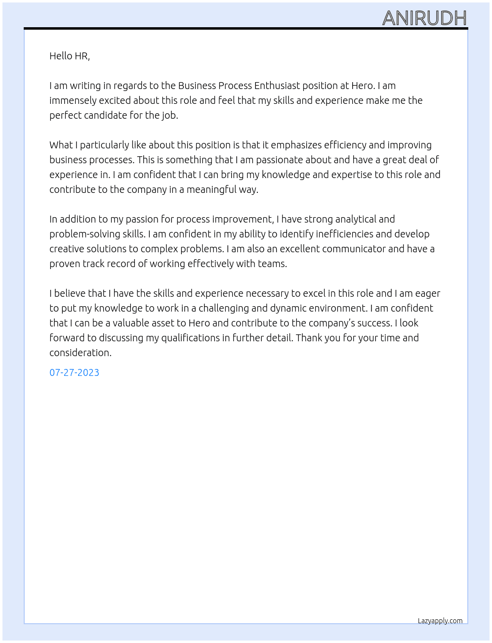 Business Process Enthusiast  At Hero Cover Letter