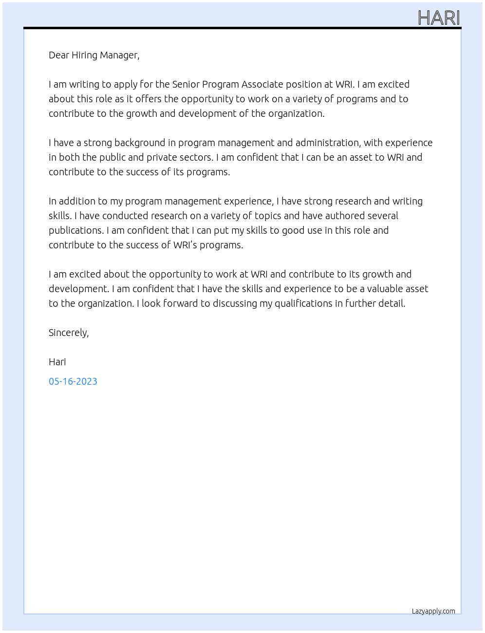 Senior Program Associate At WRI Cover Letter