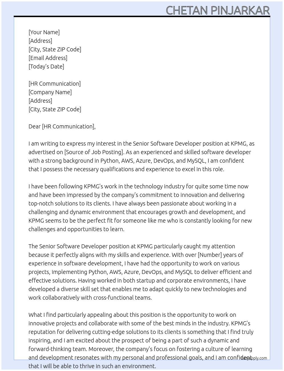 Senior Software Developer At KPMG Cover Letter