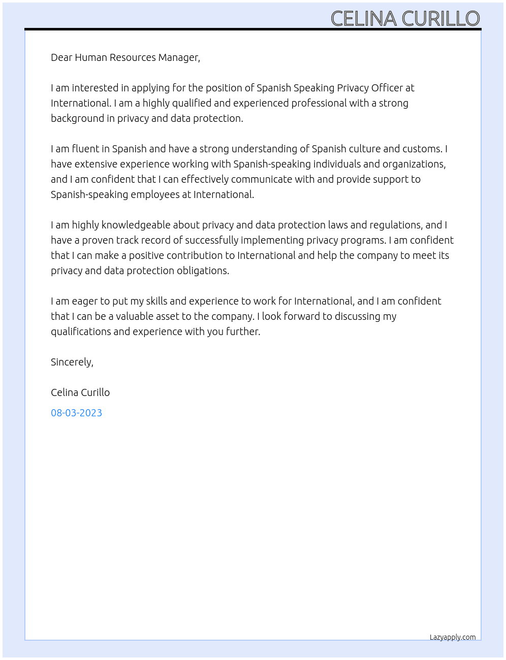 Spanish Speaking Privacy Officer At international  Cover Letter
