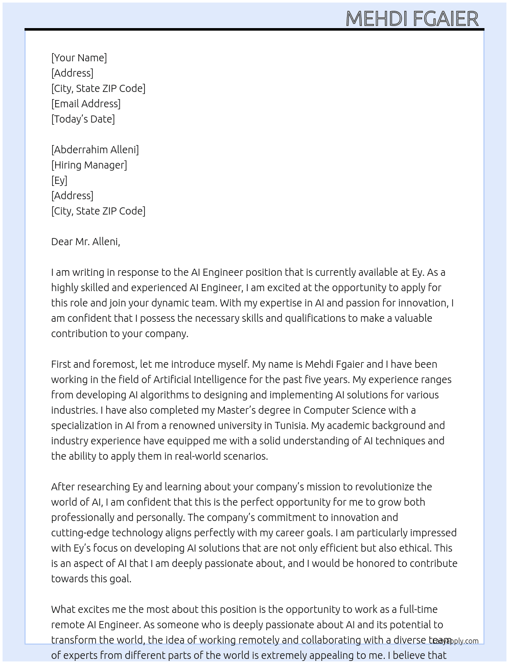 ai engineer At Ey Cover Letter