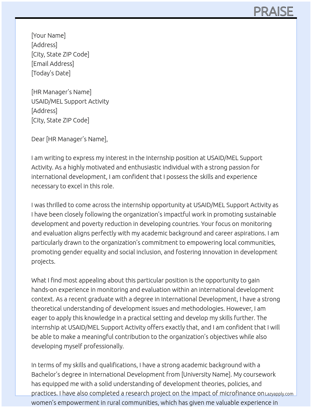 Internship  At USAID/MEL Support activity  Cover Letter