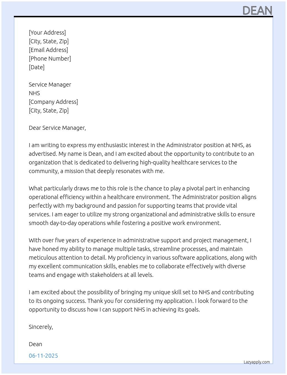 Administrator At NHS Cover Letter