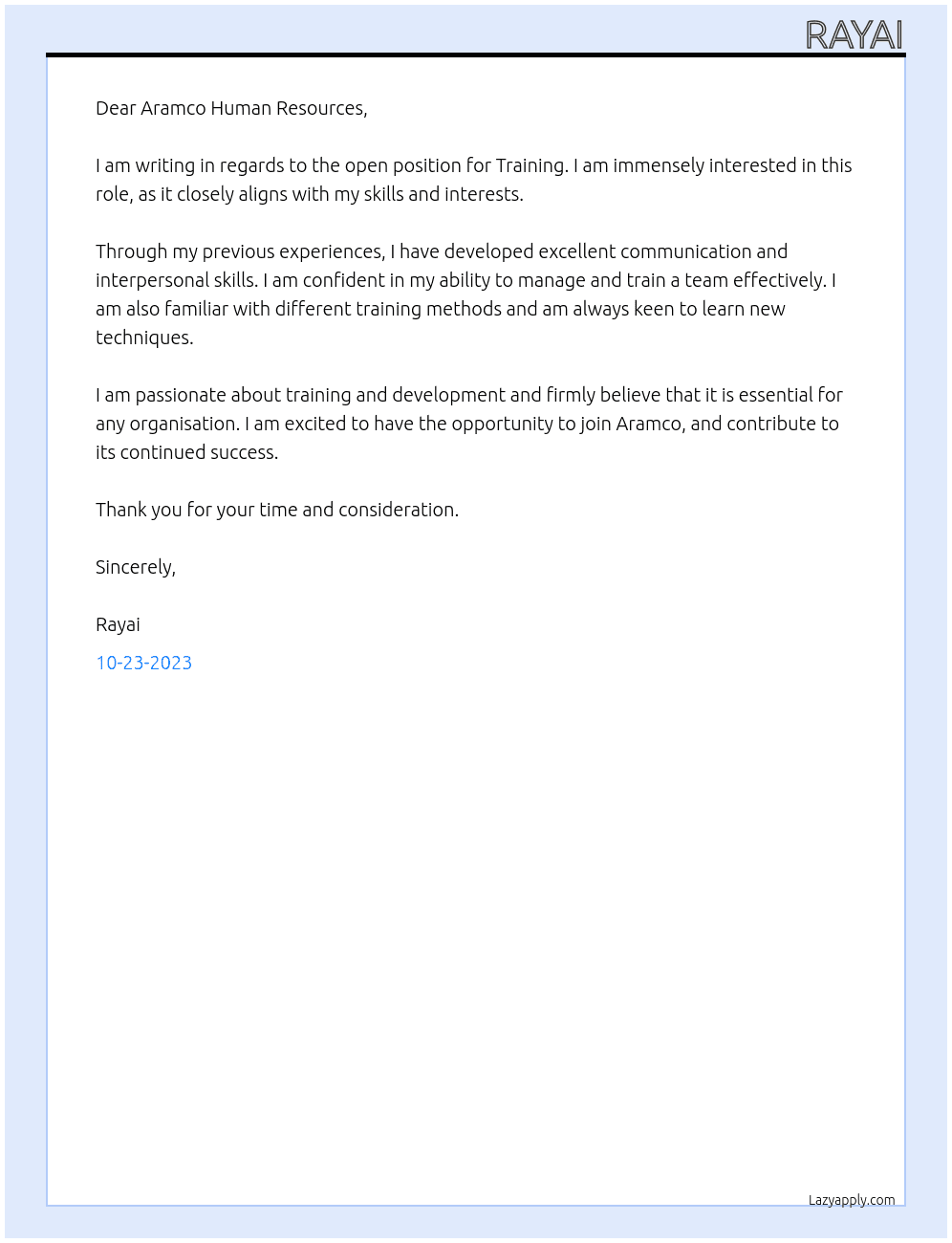 Training  At Aramco Cover Letter