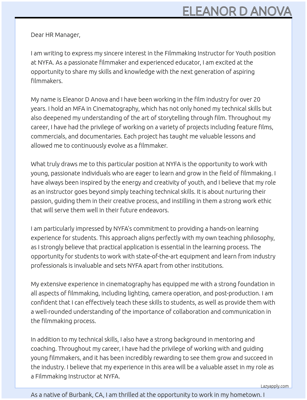 Filmmaking Instructor for Youth At NYFA Cover Letter