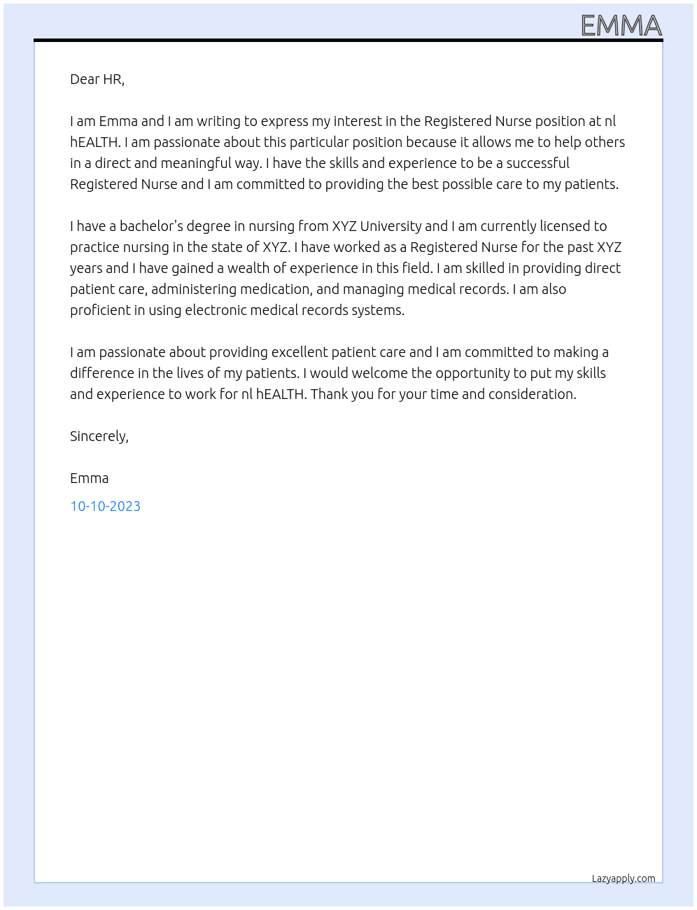 Registered Nurse At nl hEALTH Cover Letter