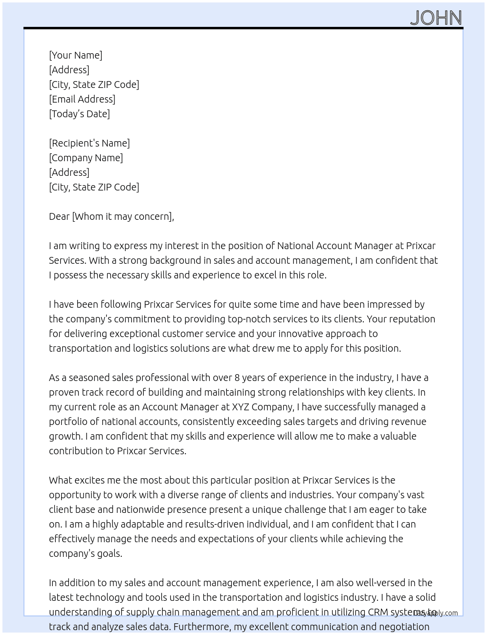 National Account Manager At Prixcar Services Cover Letter