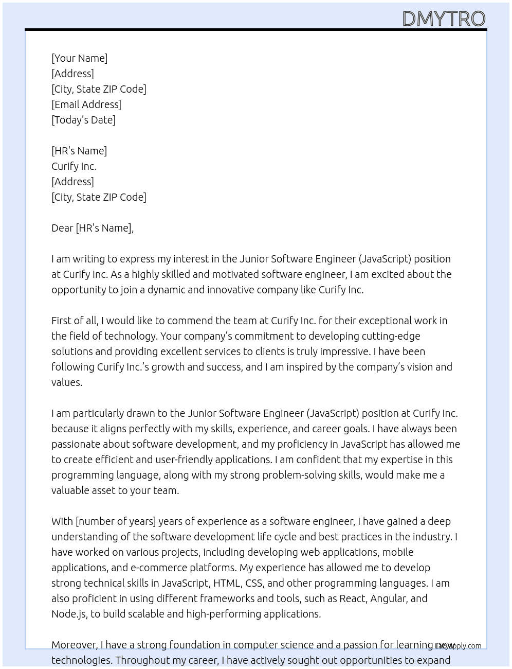 Junior Software Engineer (JavaScript) At Curify Inc. Cover Letter