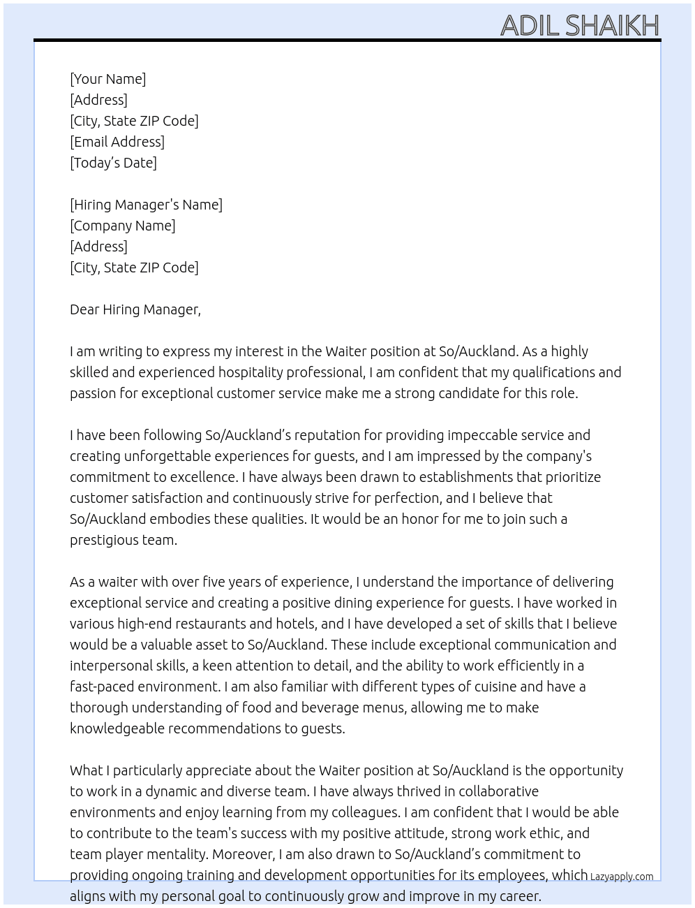 Waiter At So/Auckland Cover Letter