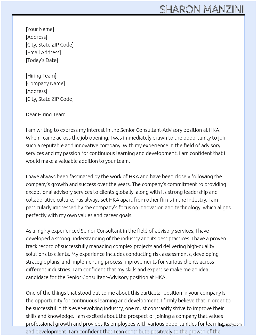 Senior Consultant- Advisory At HKA Cover Letter