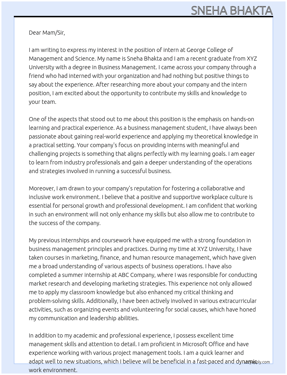 intern At george college of management and science Cover Letter