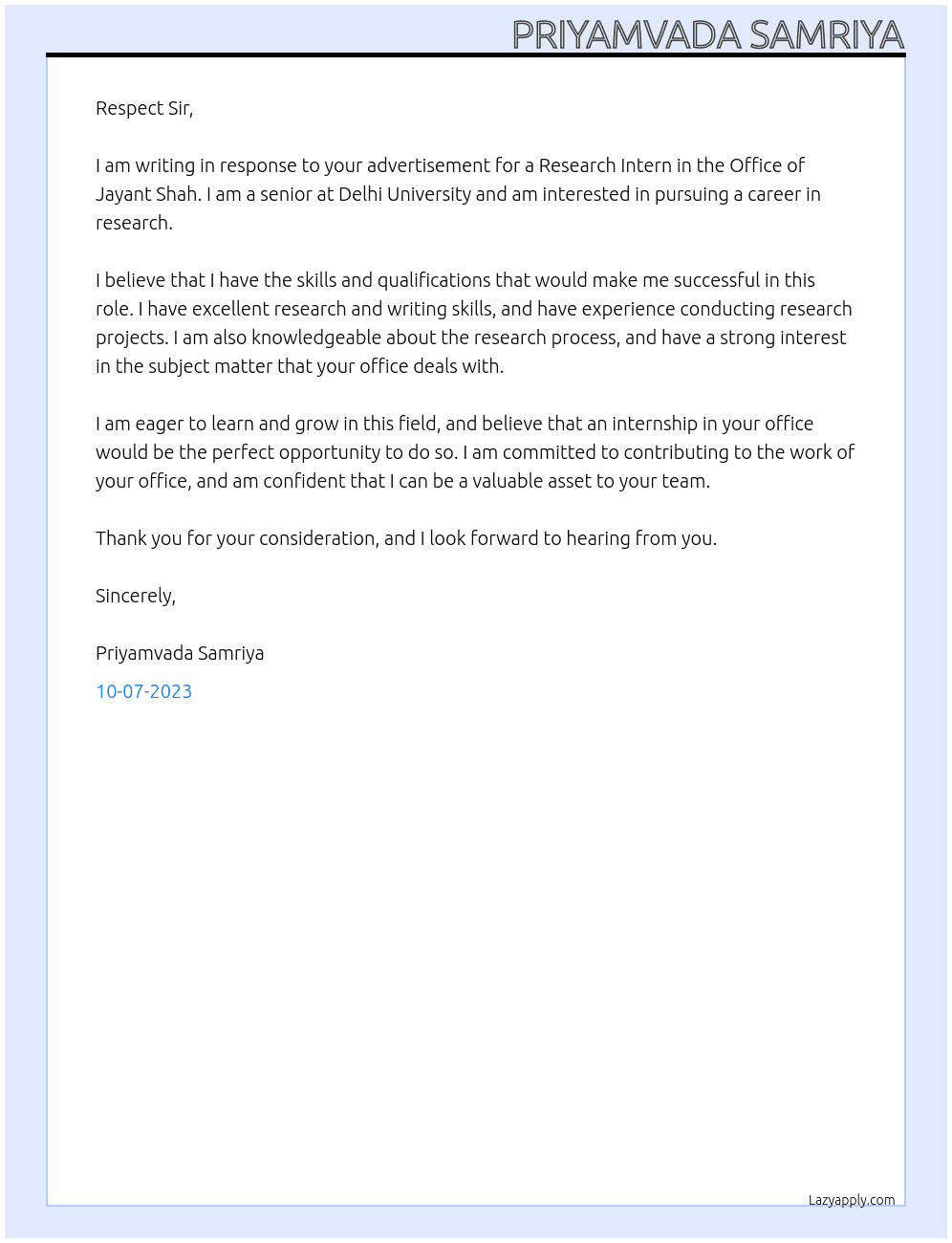 Research Intern At Office of Jayant Shah Cover Letter