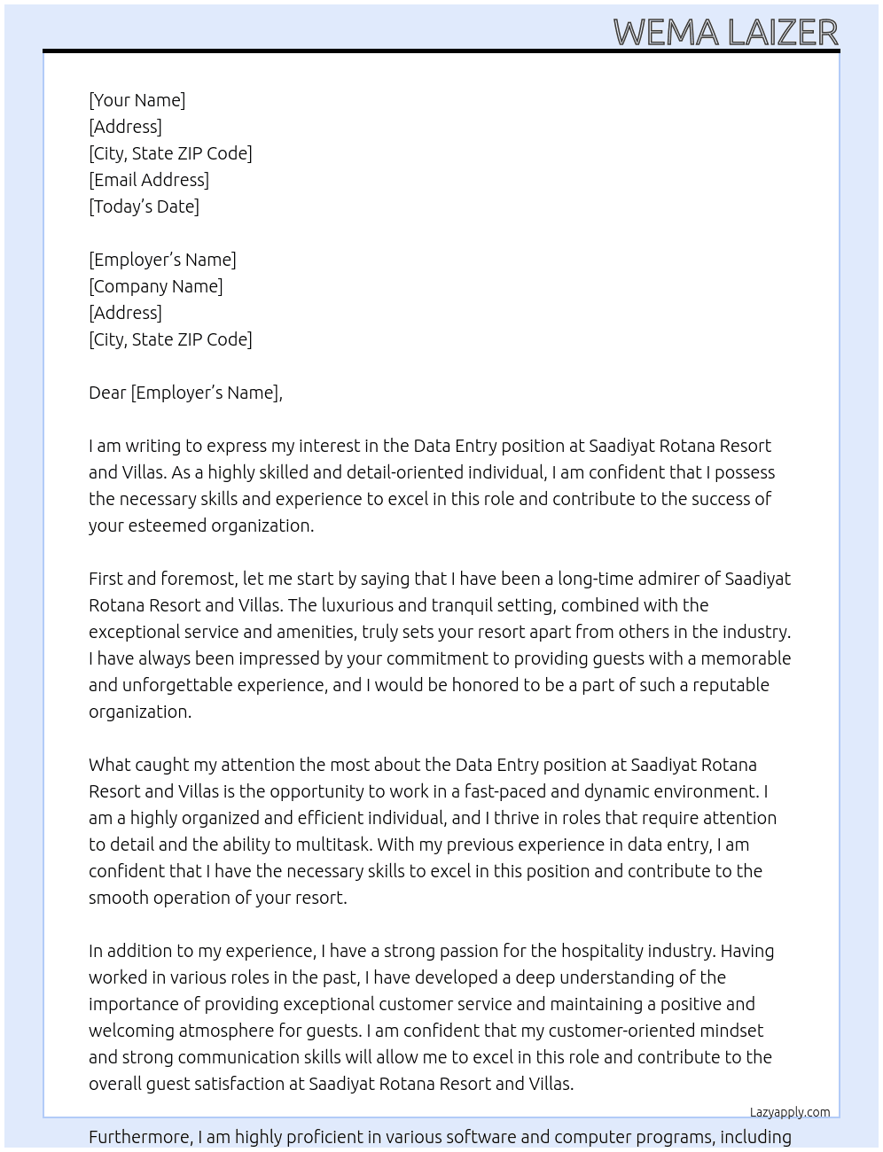 Data entry  At Saadiyat Rotana resort and villas Cover Letter