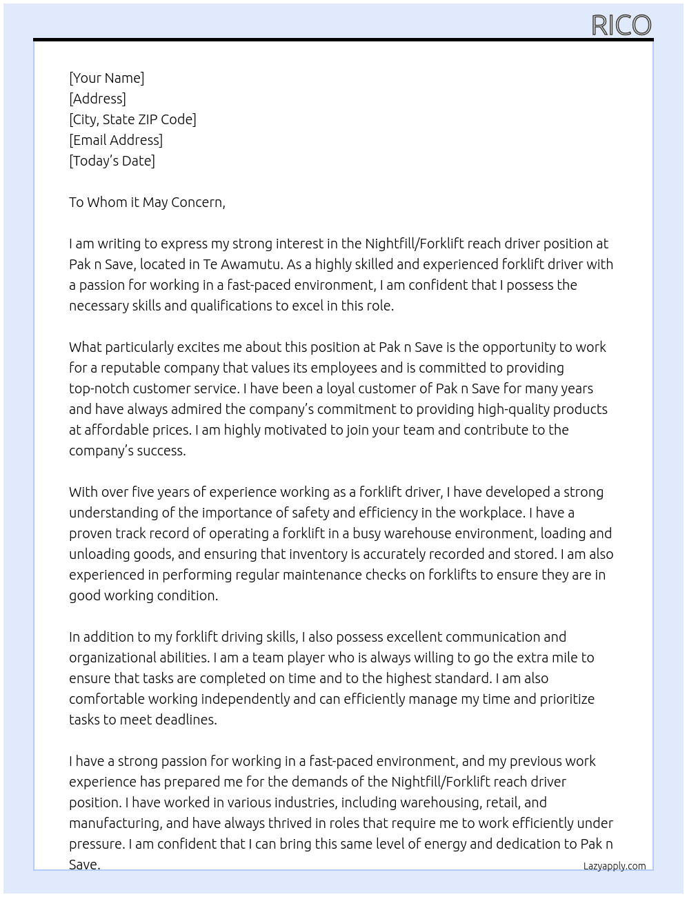 Nightfill/Forklift reach driver At Pak n Save Cover Letter