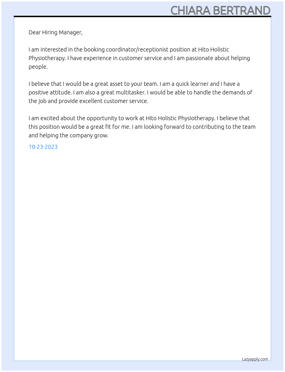 Booking coordinator/Receptionist At Hito Holistic Physiotherapy Cover Letter