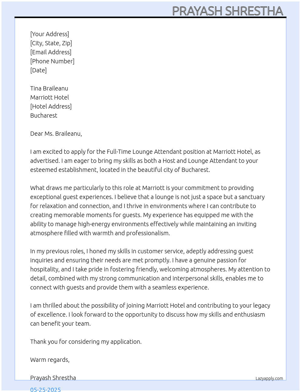 Lounge attendand At Marriott hotel Cover Letter
