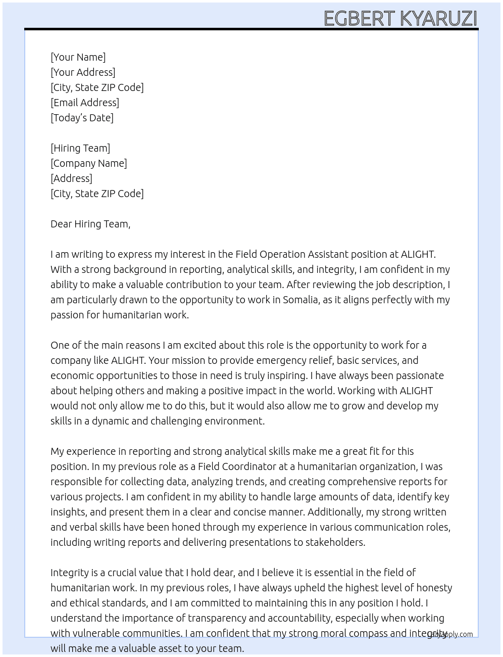 Field Operation Assistant At ALIGHT Cover Letter