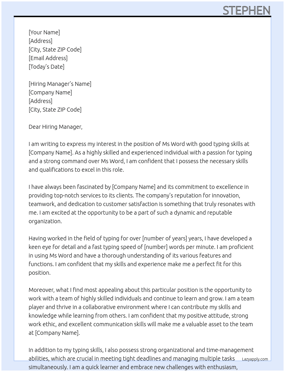 Cover letter for ms word with good typing skills - LazyApply