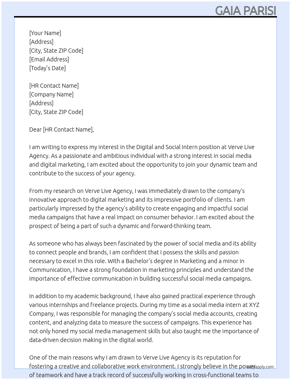 Digital and Social Intern At Verve Live Agency Cover Letter