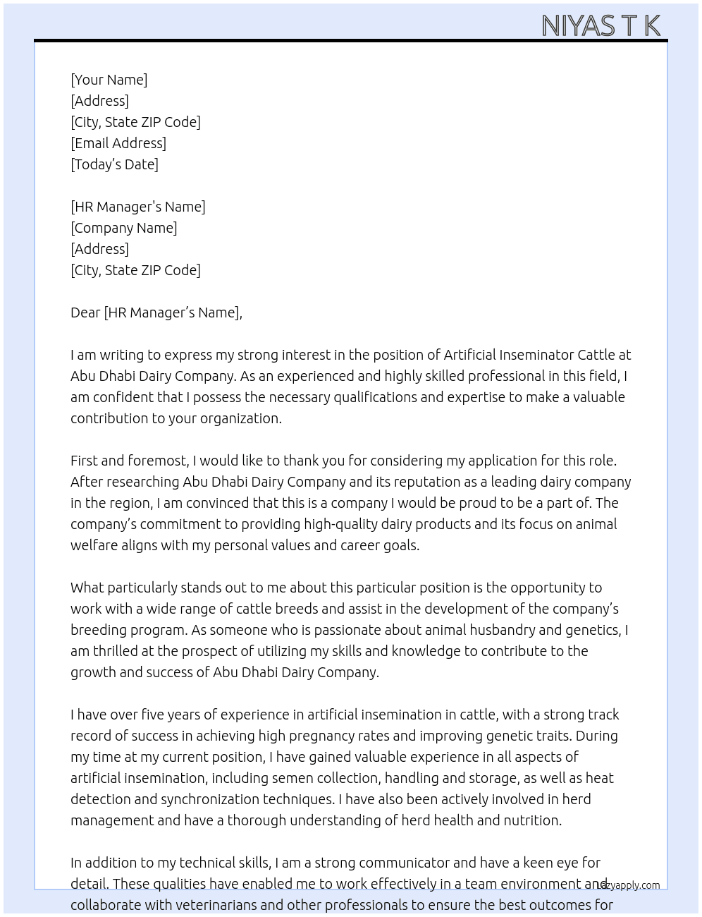 Artificial inseminator cattle  At Abu Dhabi Dairy Company Cover Letter