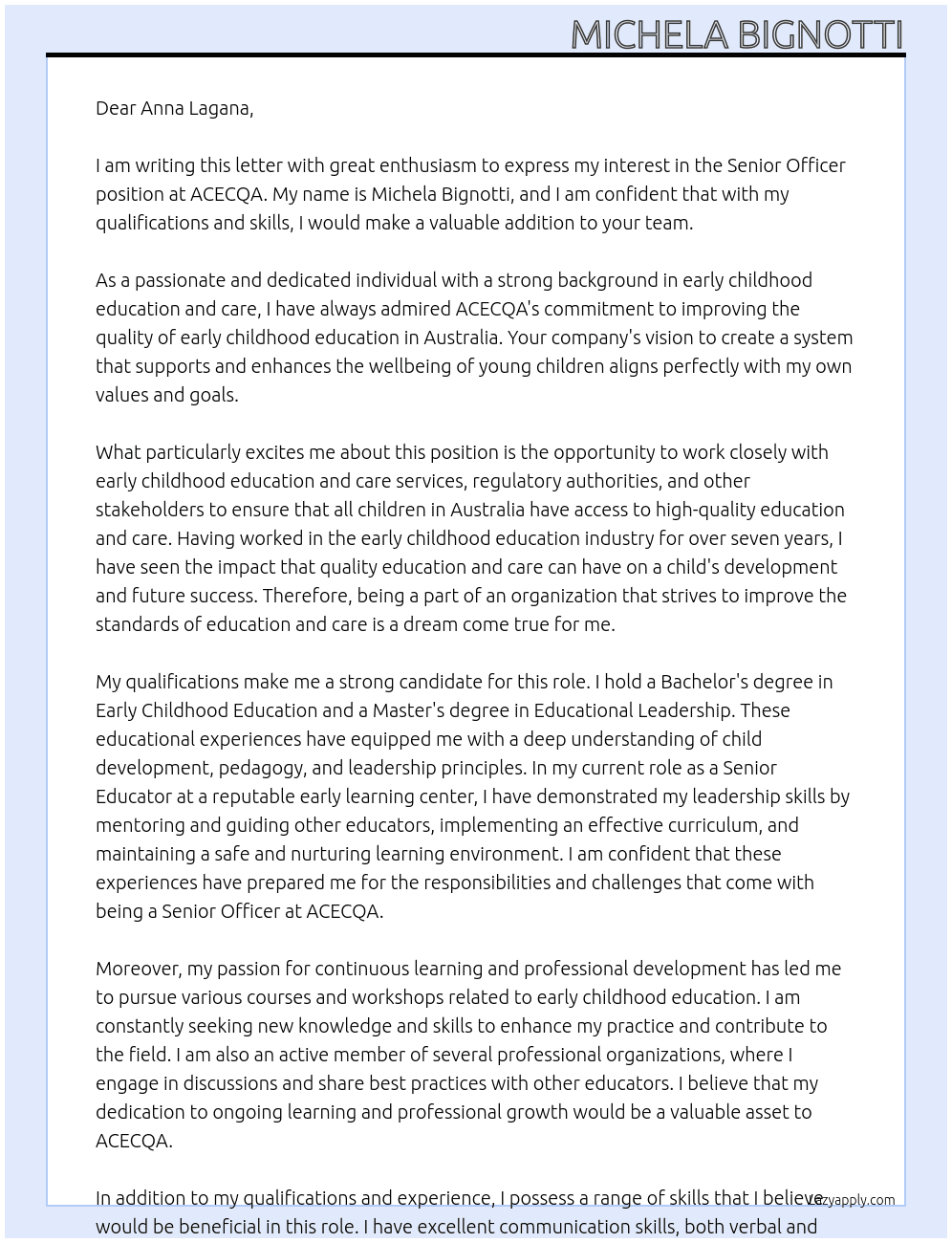  Senior Officer Qualifications At ACECQA Cover Letter